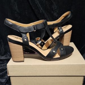 Clarks Black and Tan Heeled Sandals with Strappy Design